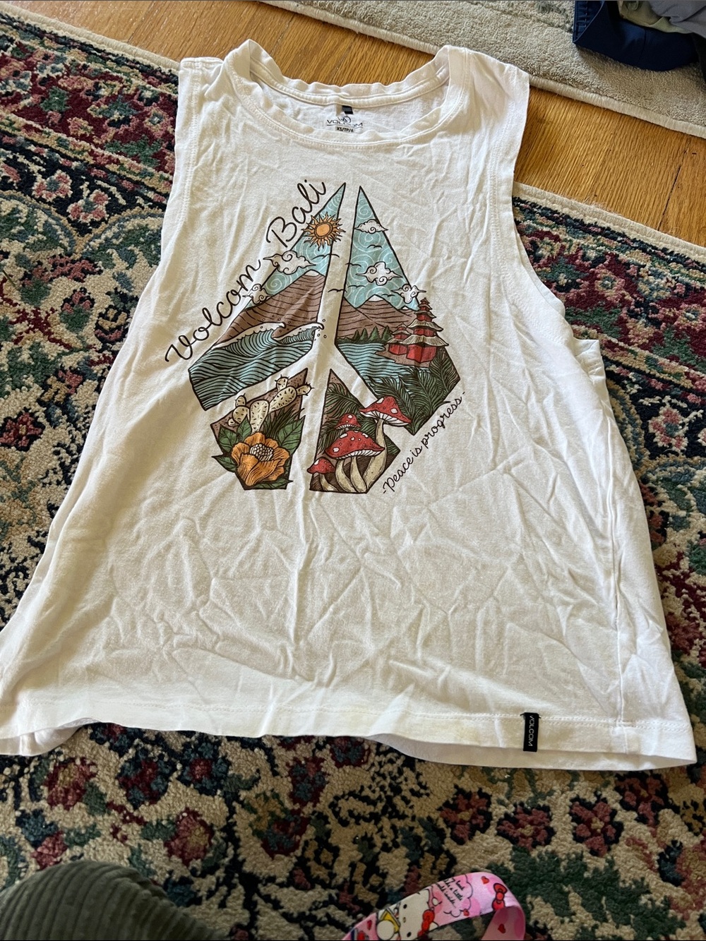 Volcom White Graphic Crop Tank with Multicolor Peace Design